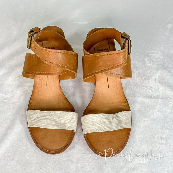 Dolce Vita Two Tone Strap Wedge Sandal Size 9 Cream/Tan - Picture 3 of 7